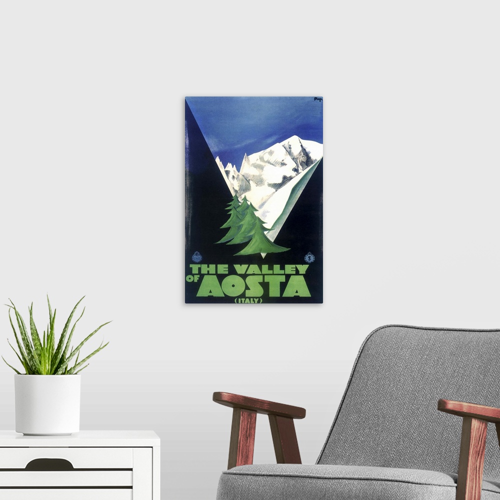 A modern room featuring Vintage poster advertisement for Aosta Italia.