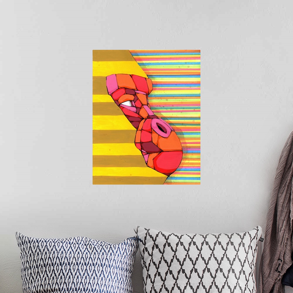 A bohemian room featuring Geometric painting of a brightly colored gorilla with a striped background.
