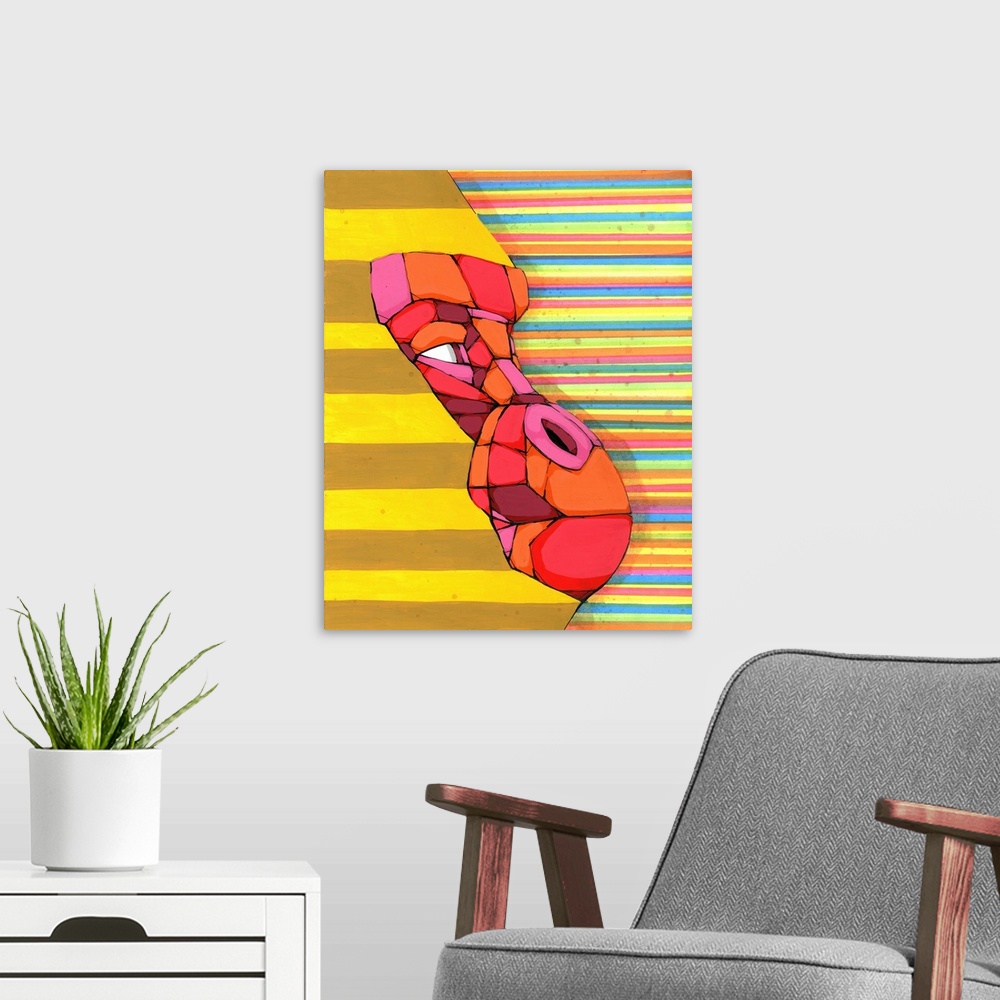 A modern room featuring Geometric painting of a brightly colored gorilla with a striped background.