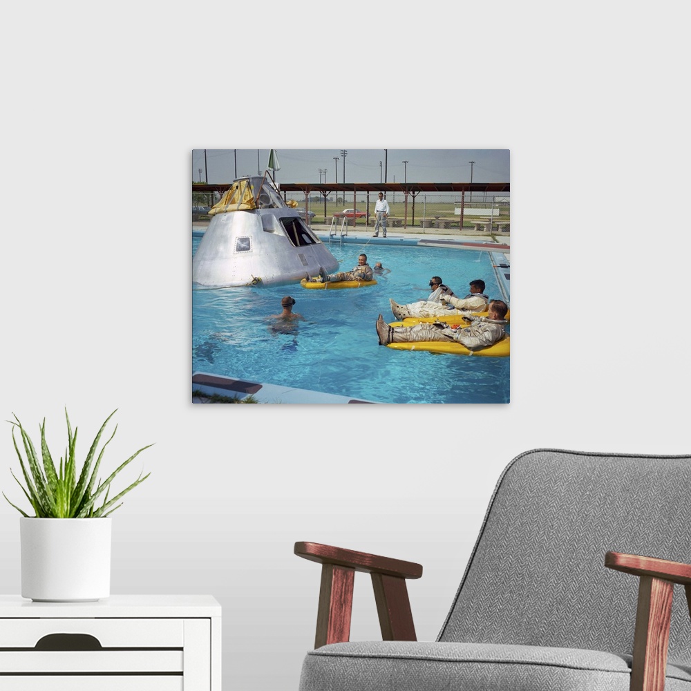 A modern room featuring Apollo 1 Astronauts Working by the Pool