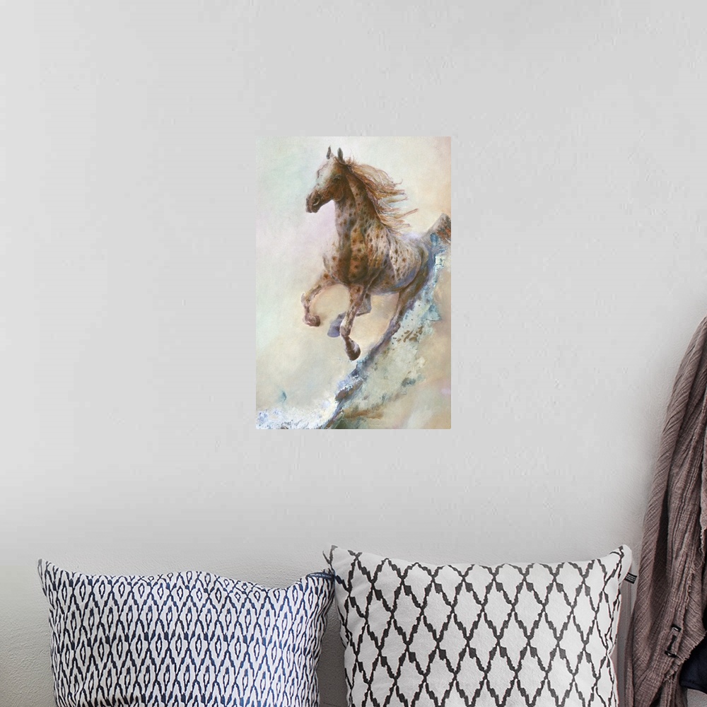A bohemian room featuring A contemporary painting of a spotted horse running in full gallop.