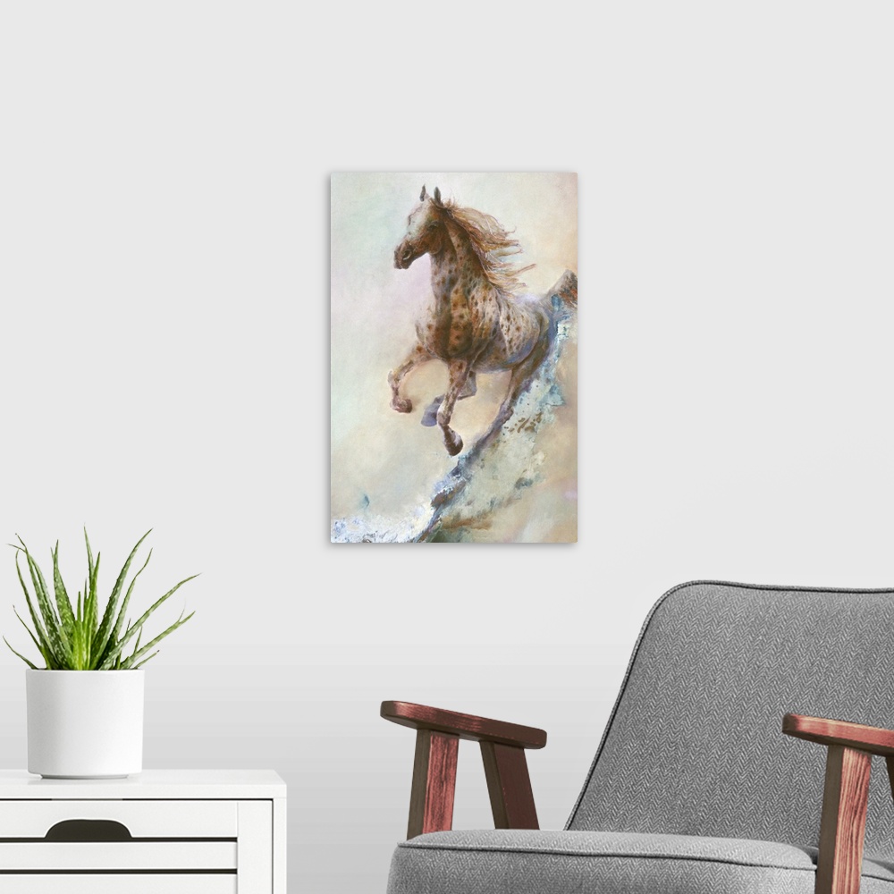 A modern room featuring A contemporary painting of a spotted horse running in full gallop.