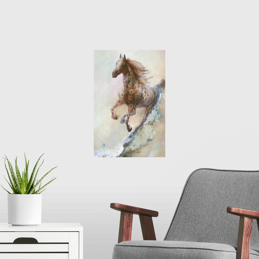 A modern room featuring A contemporary painting of a spotted horse running in full gallop.