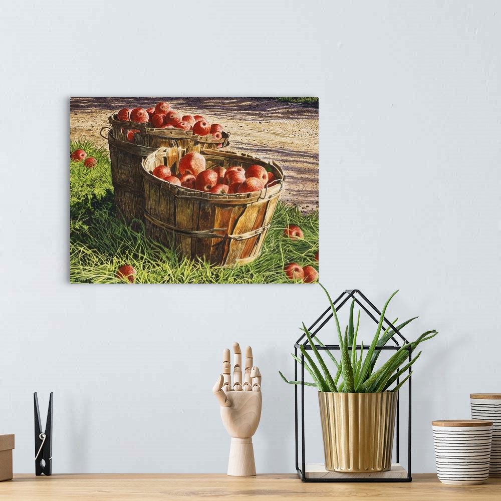 A bohemian room featuring Contemporary painting of a bushels of apples.