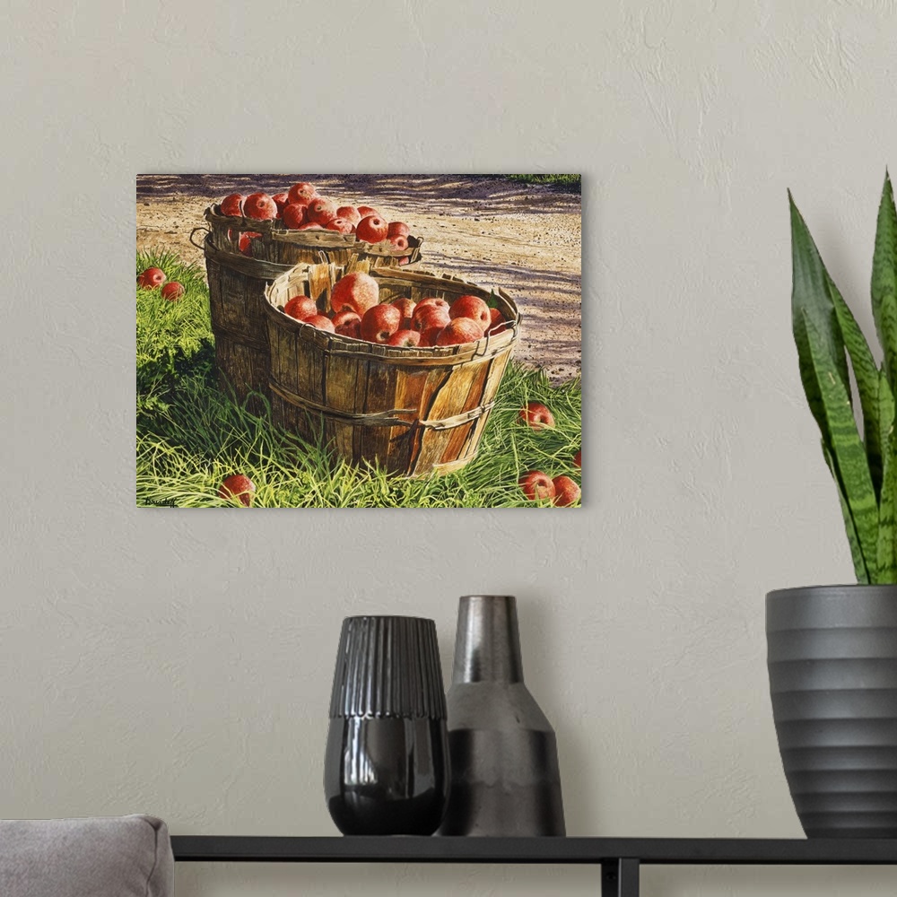 A modern room featuring Contemporary painting of a bushels of apples.
