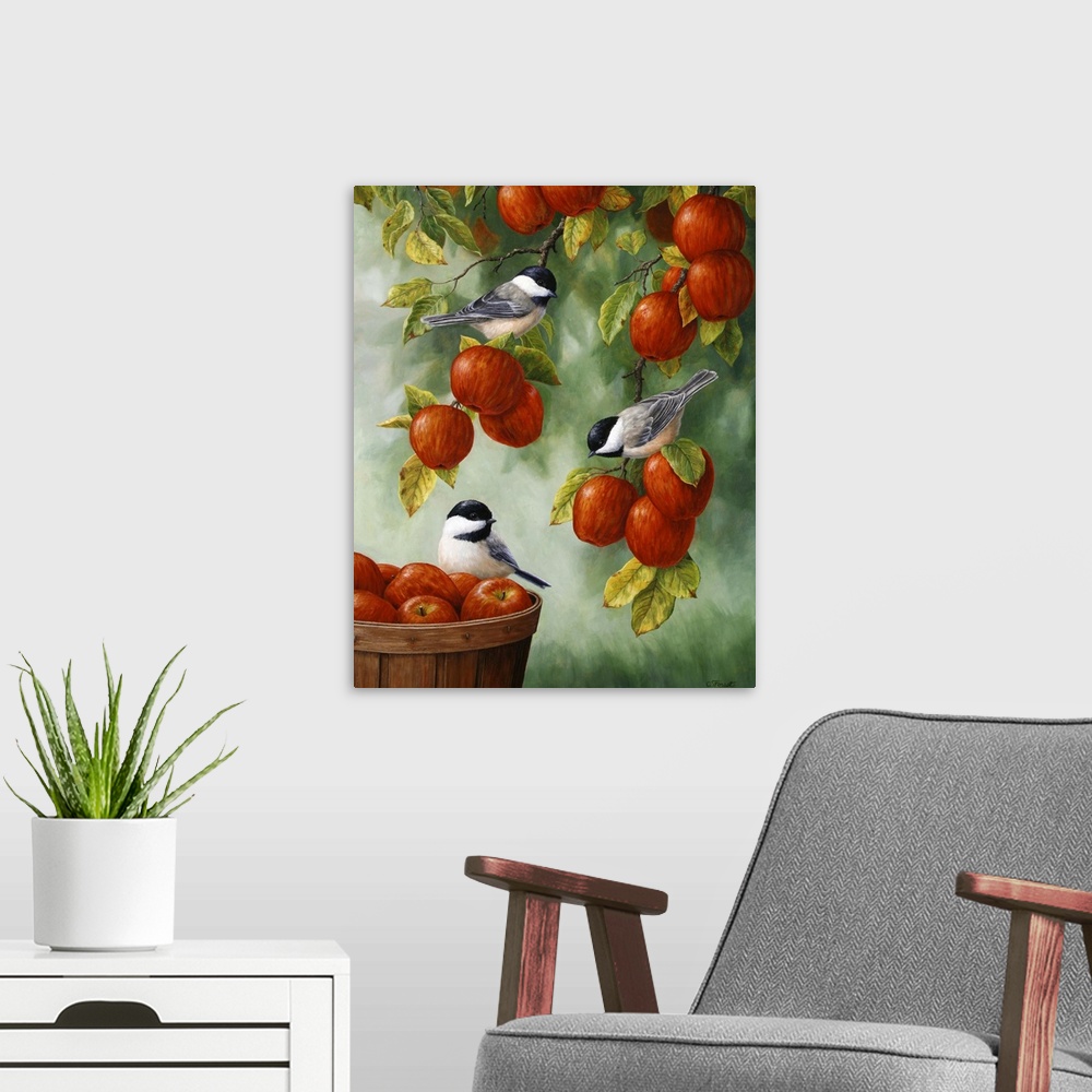 A modern room featuring Three little chickadees perched on apples in an apple tree and basket.