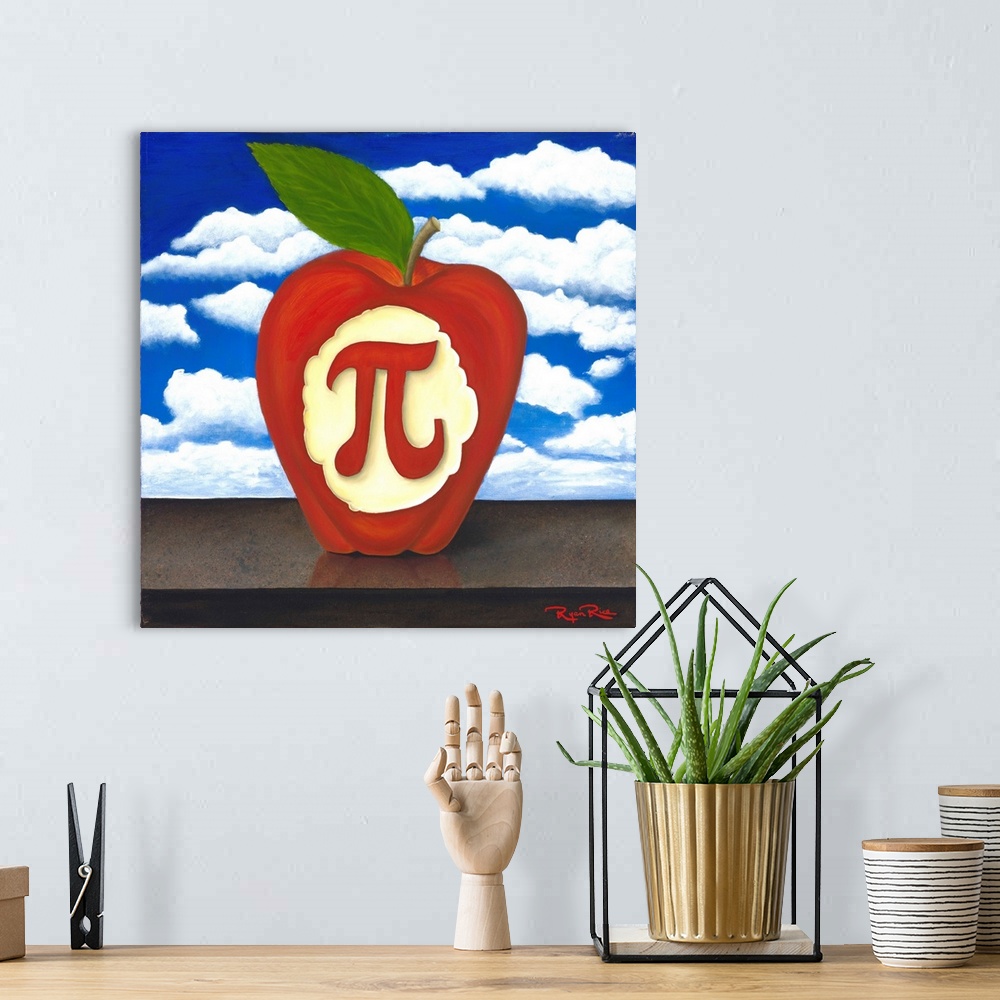 A bohemian room featuring Square pun painting of an apple with the pi symbol carved into it (apple pi - apple pie)