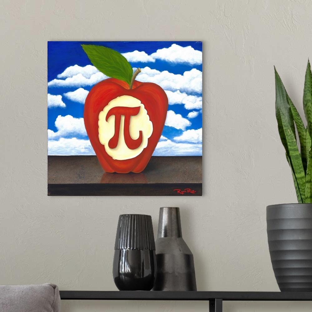 A modern room featuring Square pun painting of an apple with the pi symbol carved into it (apple pi - apple pie)