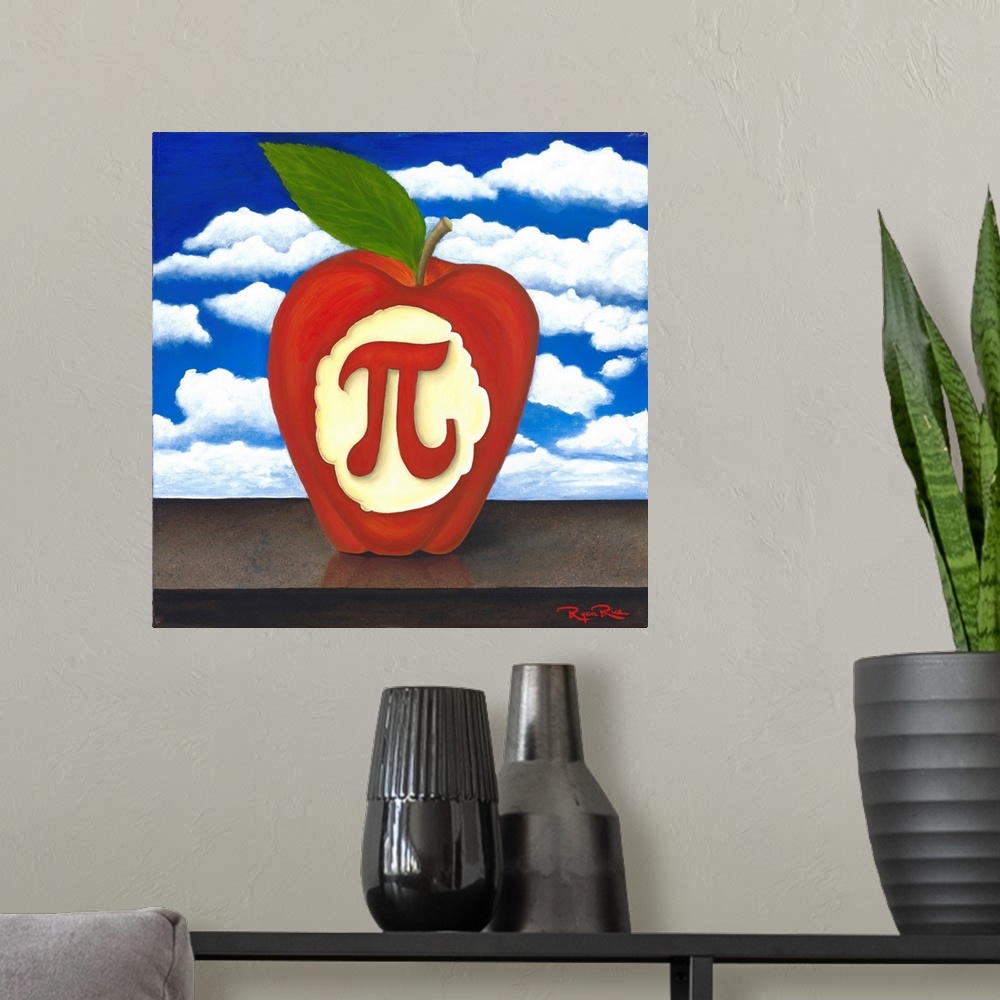 A modern room featuring Square pun painting of an apple with the pi symbol carved into it (apple pi - apple pie)