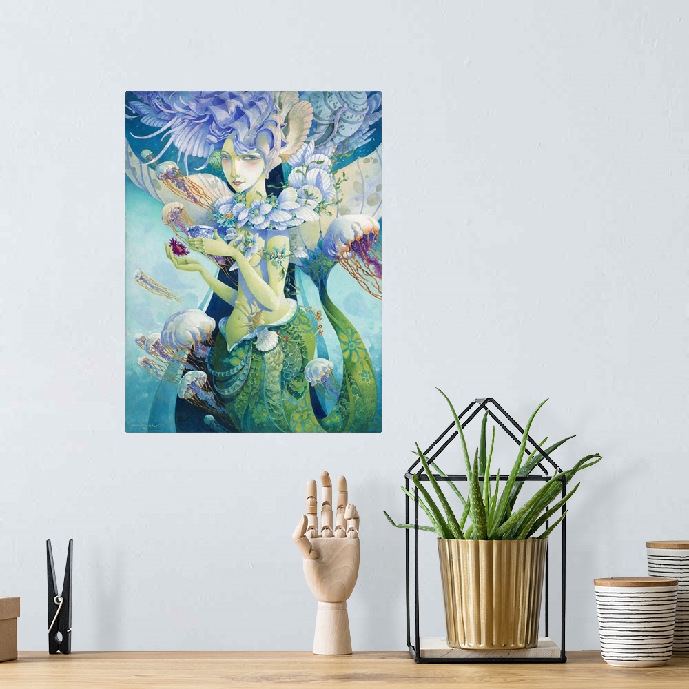 A bohemian room featuring Contemporary artwork of a mermaid surrounded by jellyfish under the water.