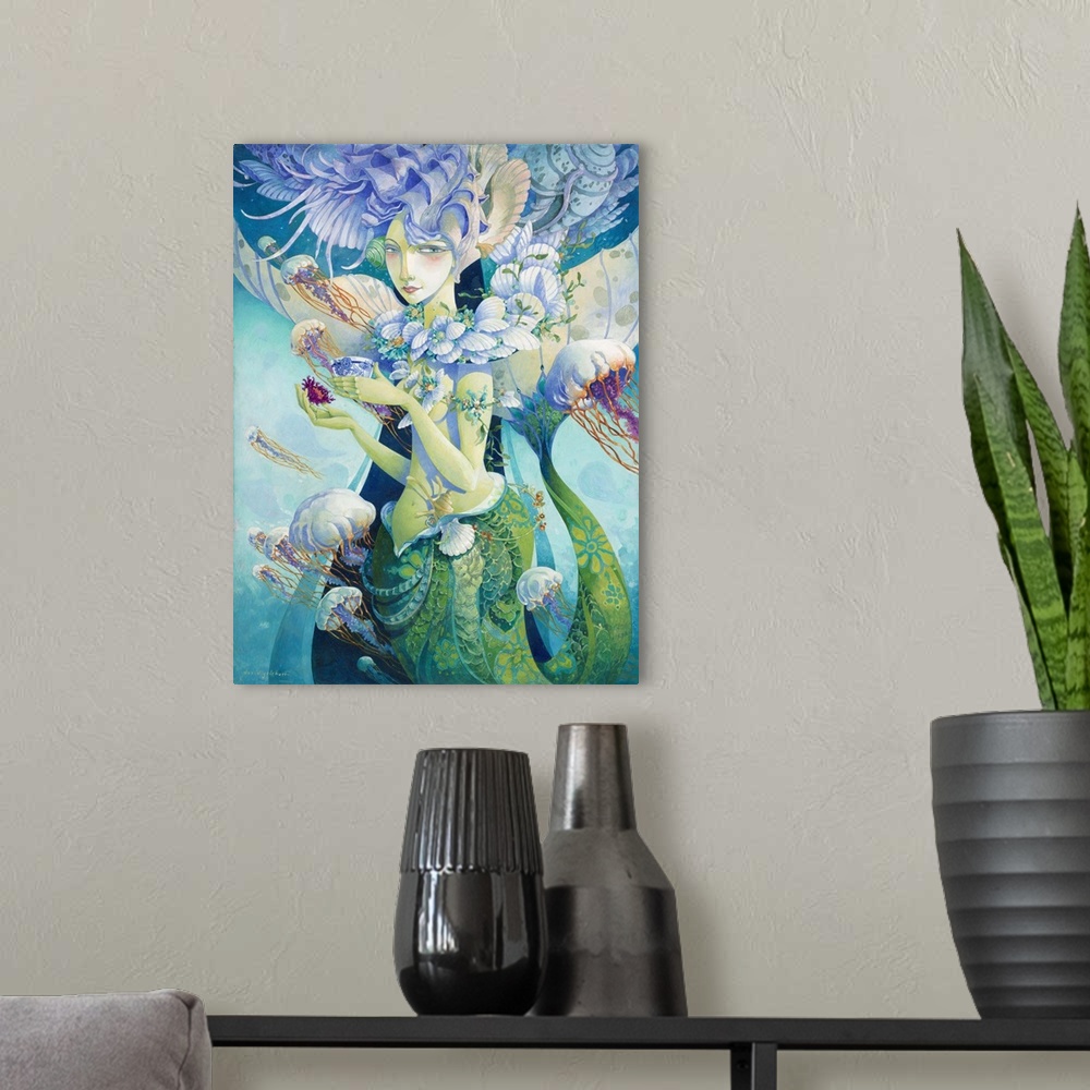 A modern room featuring Contemporary artwork of a mermaid surrounded by jellyfish under the water.