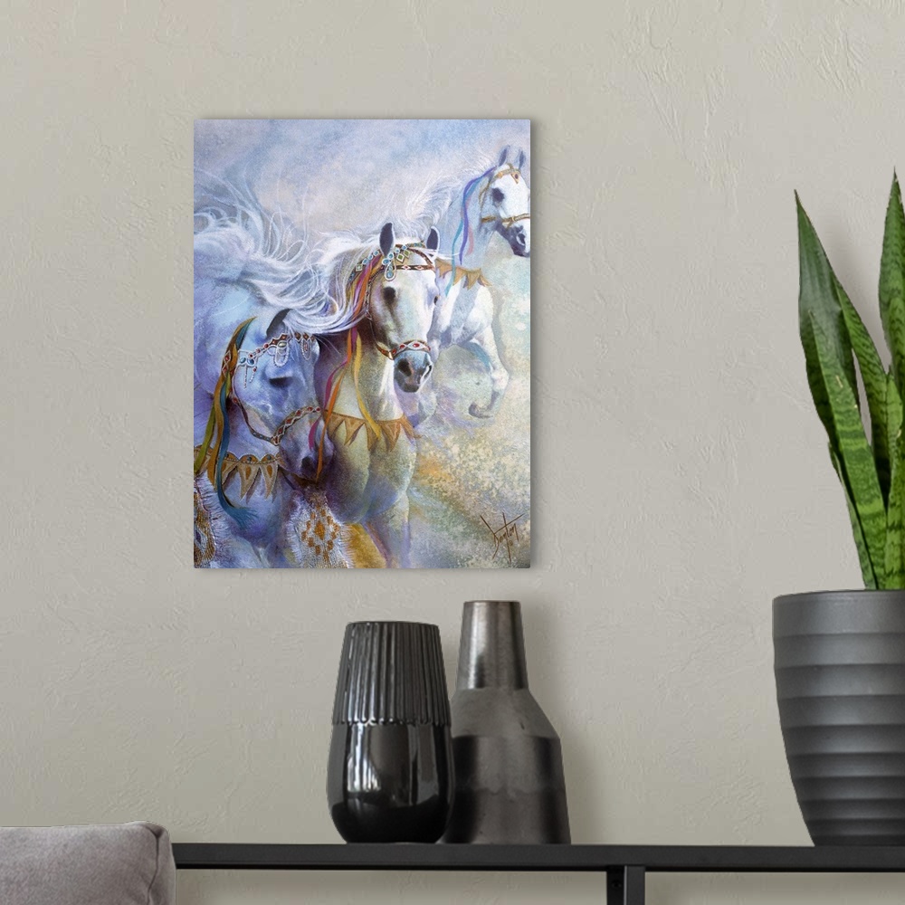 A modern room featuring A contemporary painting of a White horses running wild.