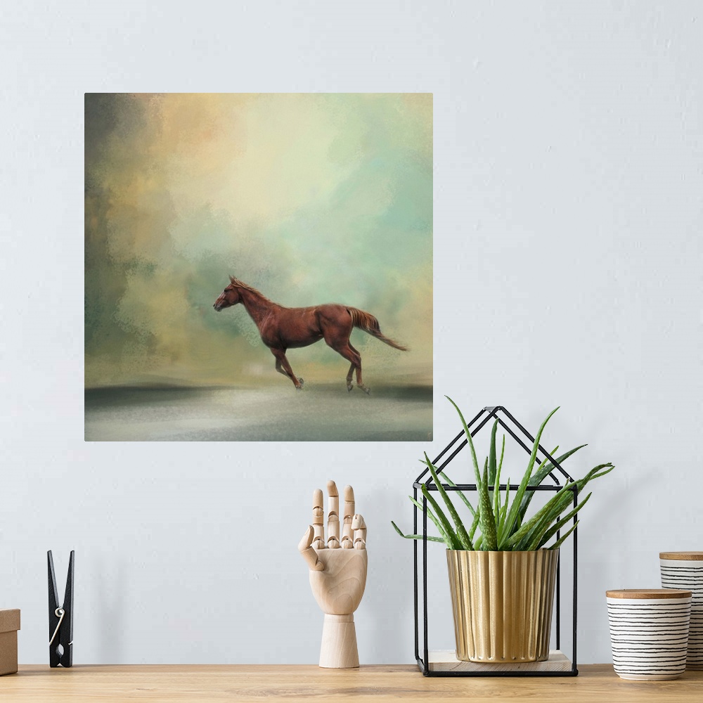 A bohemian room featuring A fine art photo of a brown horse galloping.
