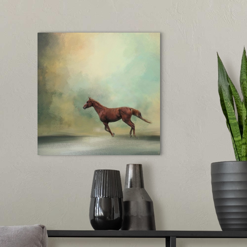 A modern room featuring A fine art photo of a brown horse galloping.