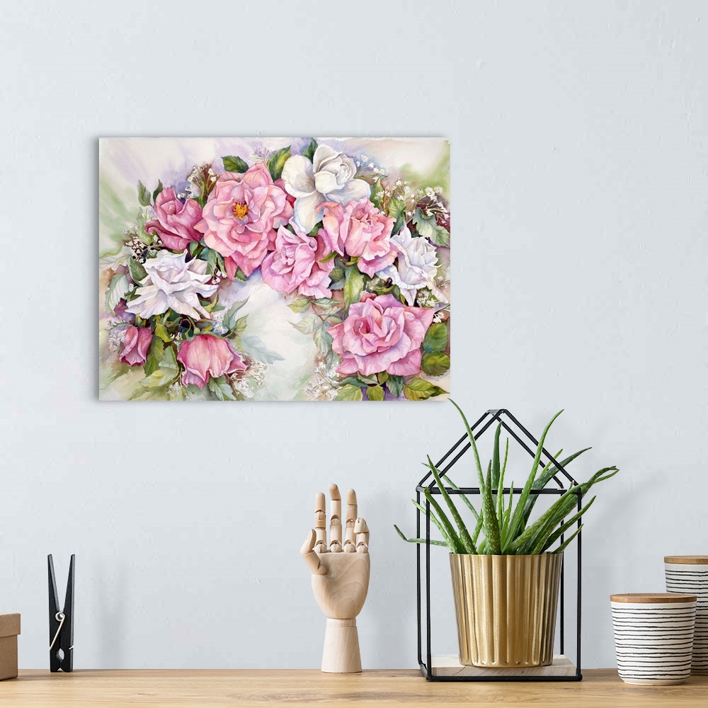 A bohemian room featuring Colorful contemporary painting of white and pink roses.