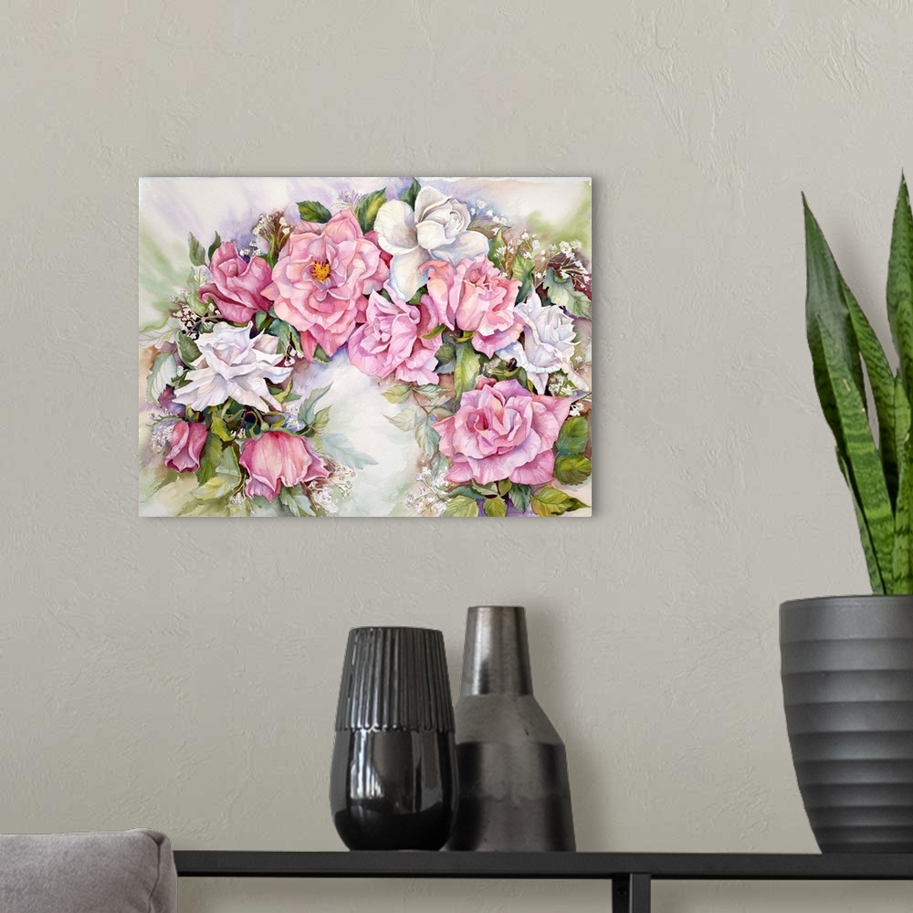 A modern room featuring Colorful contemporary painting of white and pink roses.
