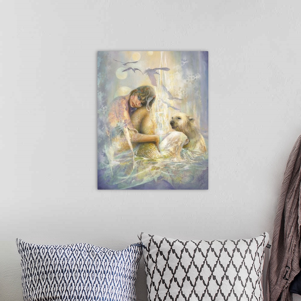 A bohemian room featuring A contemporary painting of a mermaid staring straight on while polar bears play together in the w...
