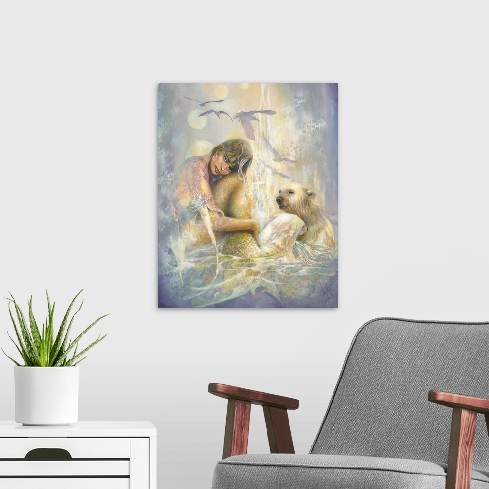 A modern room featuring A contemporary painting of a mermaid staring straight on while polar bears play together in the w...