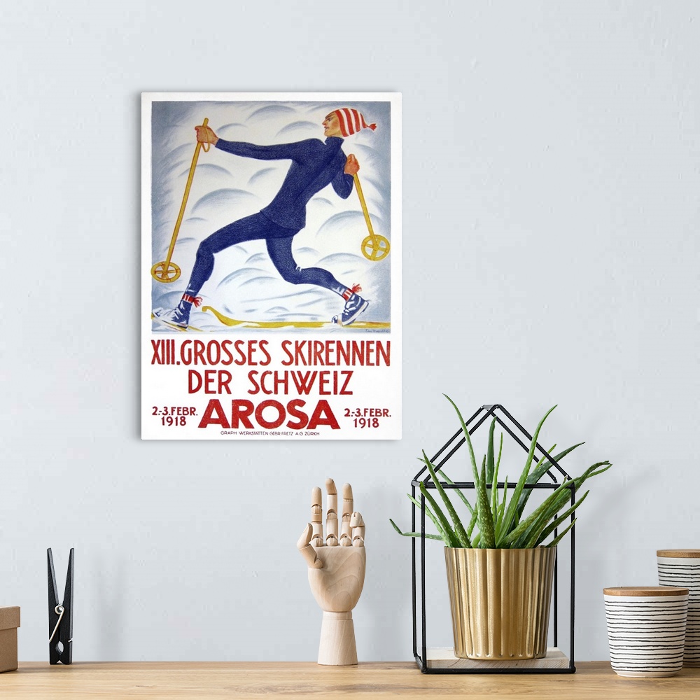 A bohemian room featuring Vintage advertisement for Arosa Skiing.