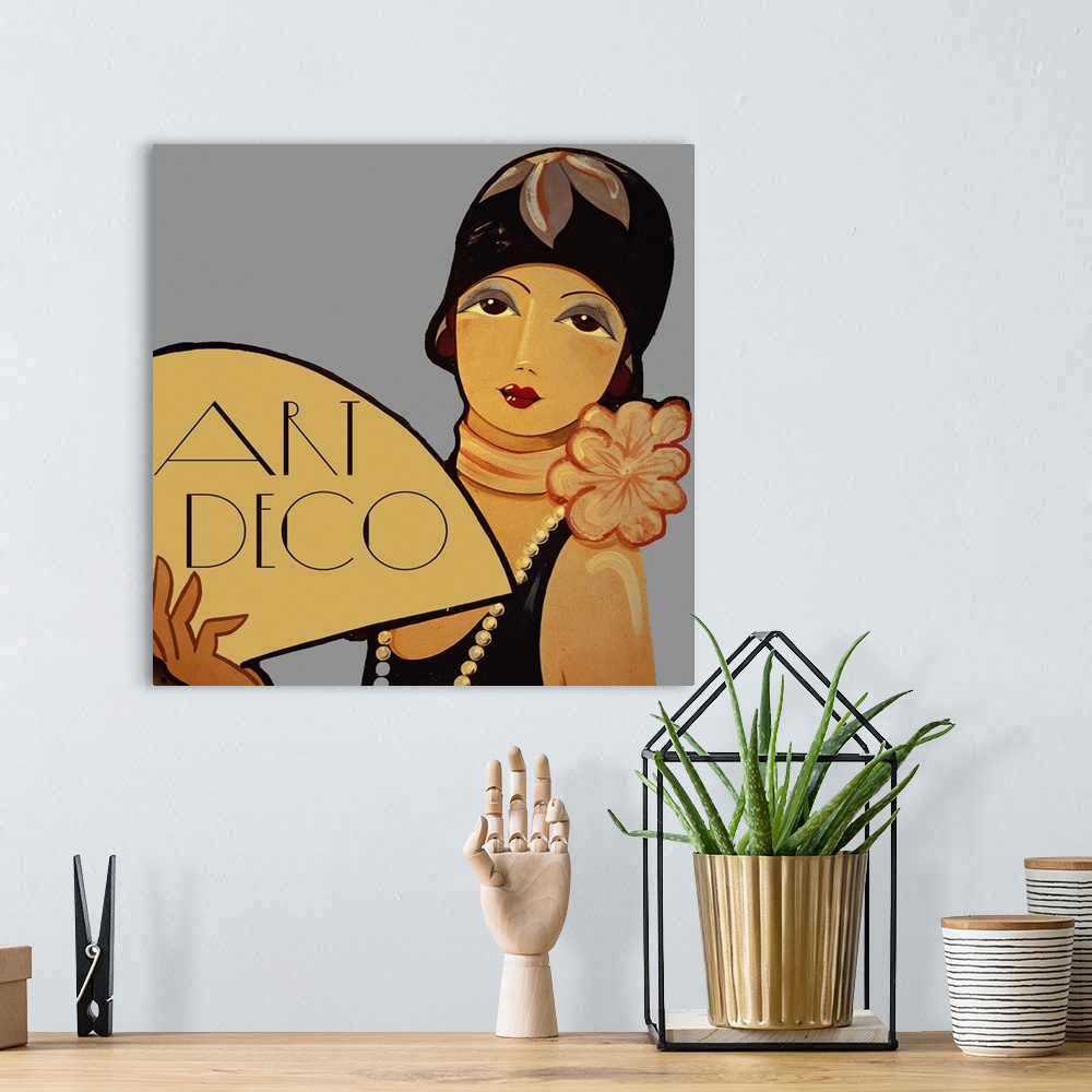 A bohemian room featuring Vintage poster advertisement for Art Deco Flapper.