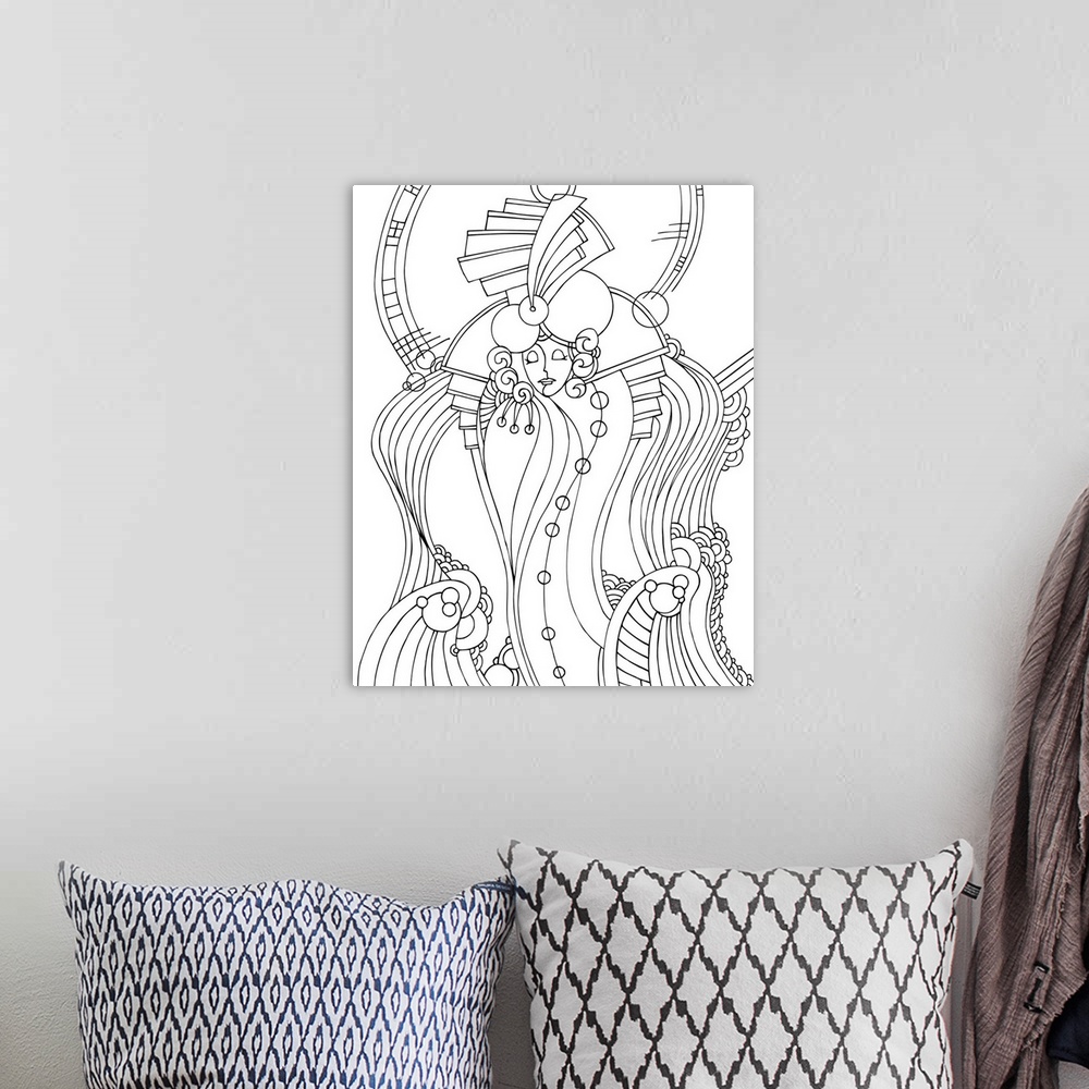 A bohemian room featuring Black and white line art of an Art Deco style design.