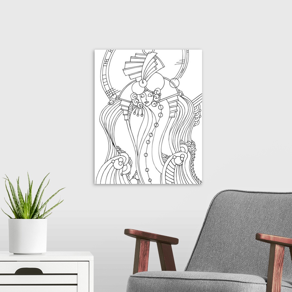 A modern room featuring Black and white line art of an Art Deco style design.