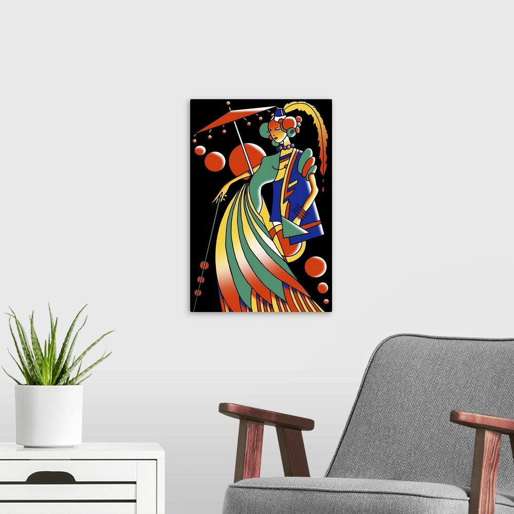 A modern room featuring Digital artwork of a woman in fancy dress, in Art Deco style.