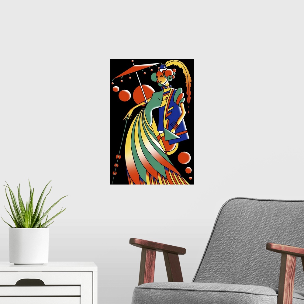 A modern room featuring Digital artwork of a woman in fancy dress, in Art Deco style.