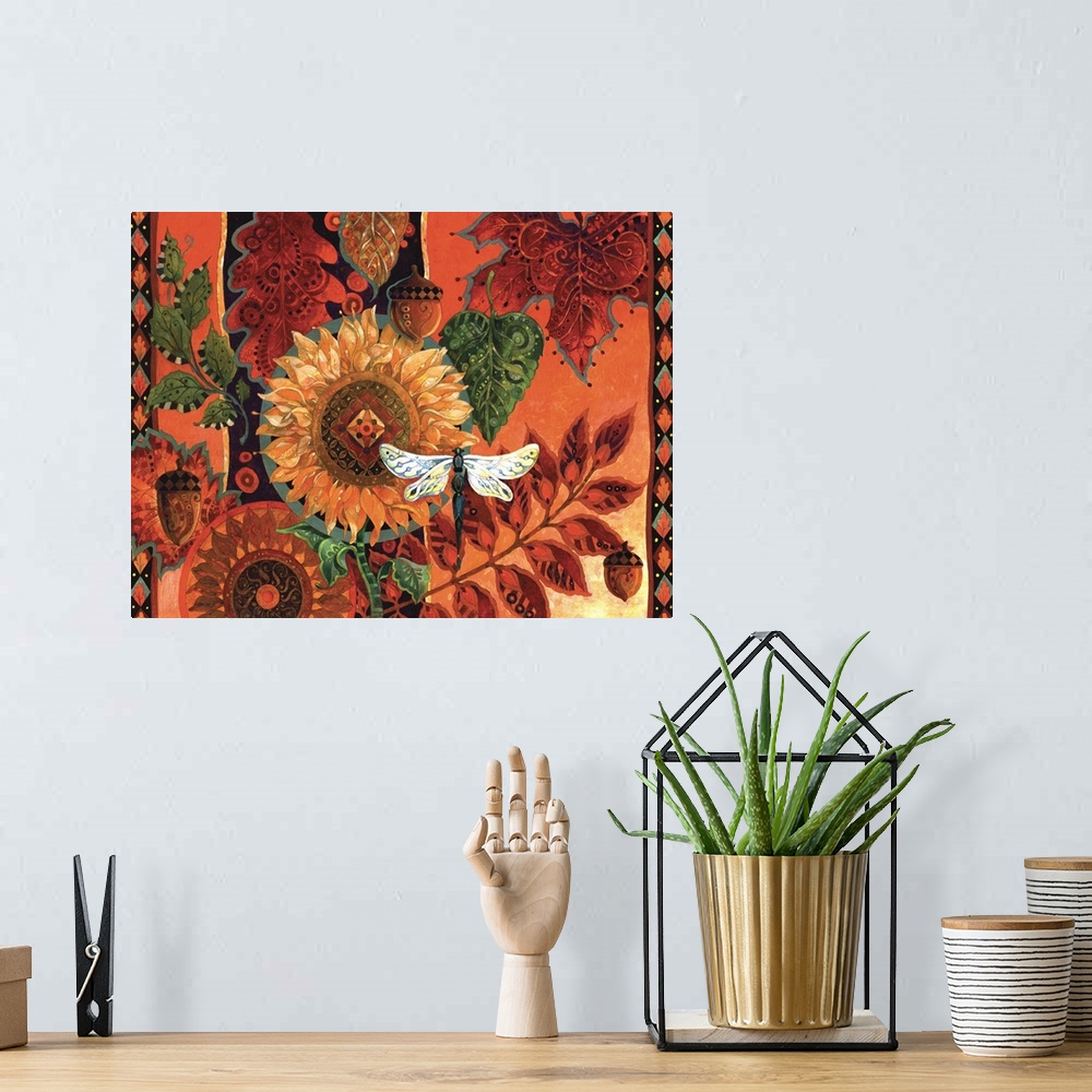 A bohemian room featuring Contemporary artwork of autumn flowers and warm earthy tones.