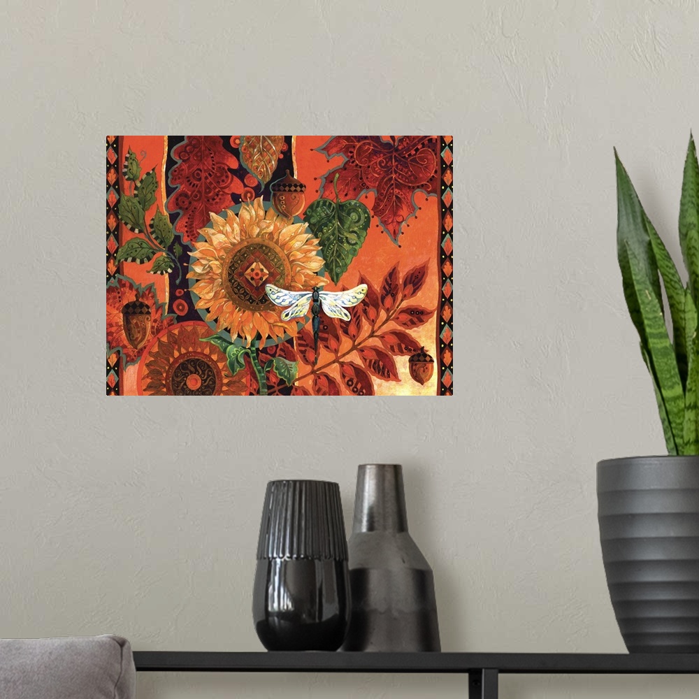 A modern room featuring Contemporary artwork of autumn flowers and warm earthy tones.