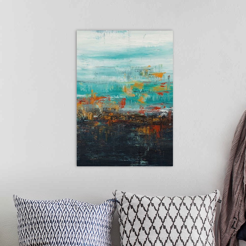 A bohemian room featuring A contemporary abstract painting using turquoise and black with a distressed look.
