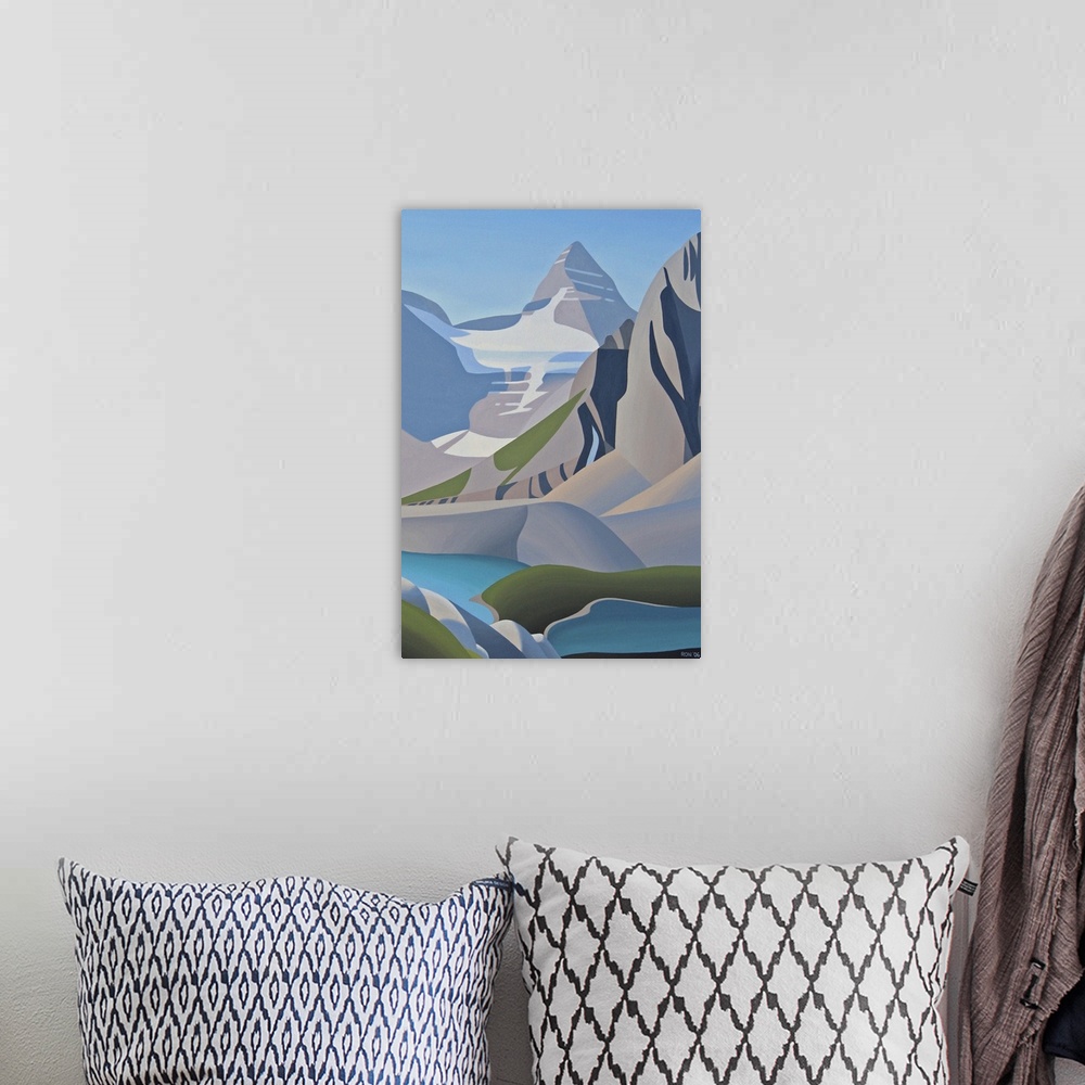 A bohemian room featuring Contemporary painting of mountain scape, with a lake at the base.