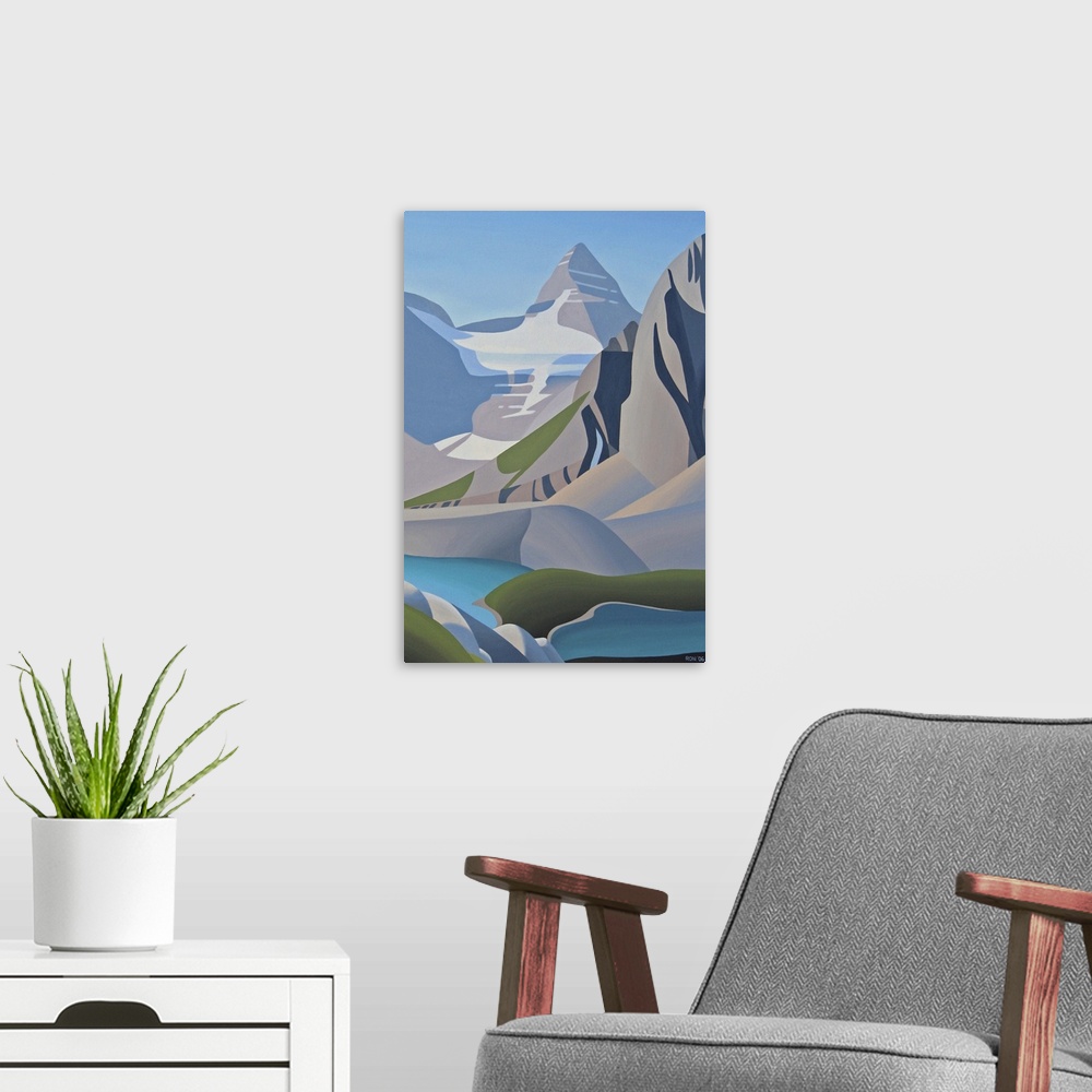 A modern room featuring Contemporary painting of mountain scape, with a lake at the base.