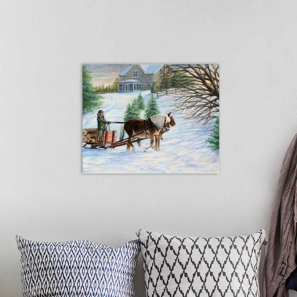 A bohemian room featuring Contemporary artwork of a man on a sled being pulled by two horses.
