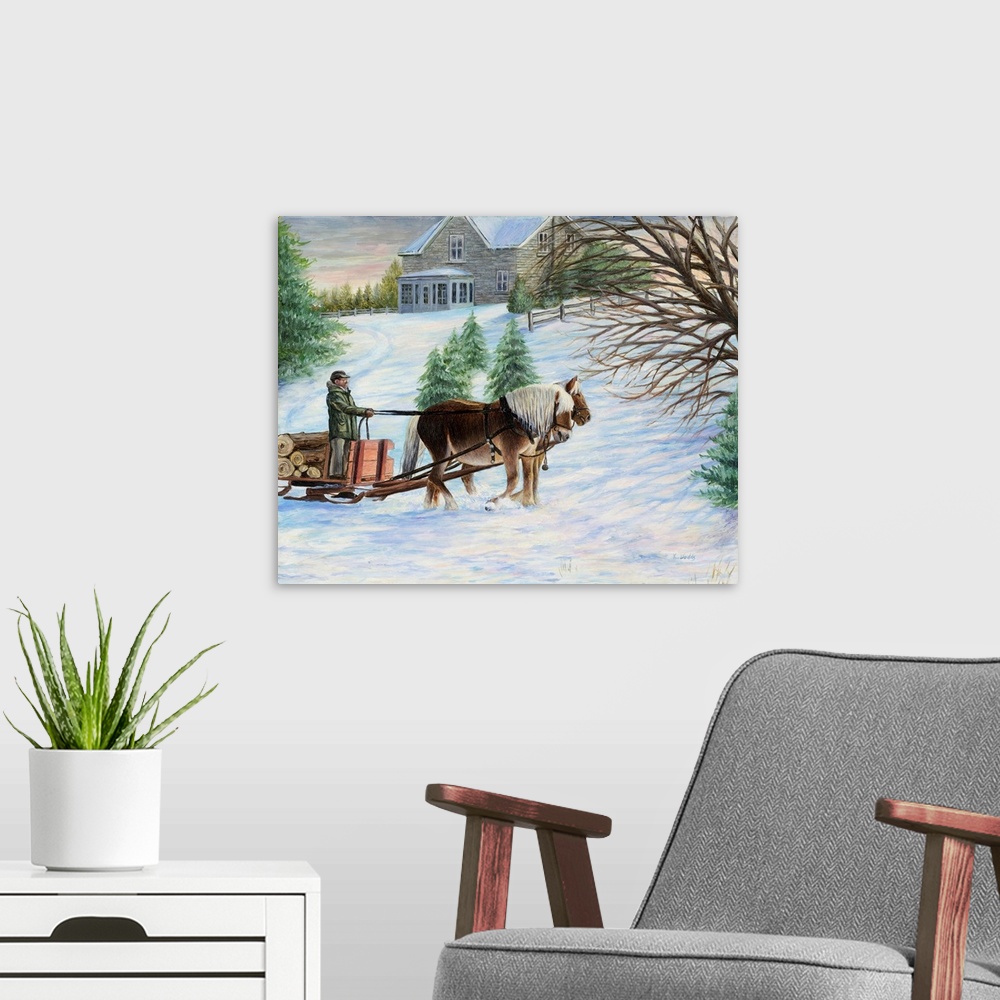 A modern room featuring Contemporary artwork of a man on a sled being pulled by two horses.