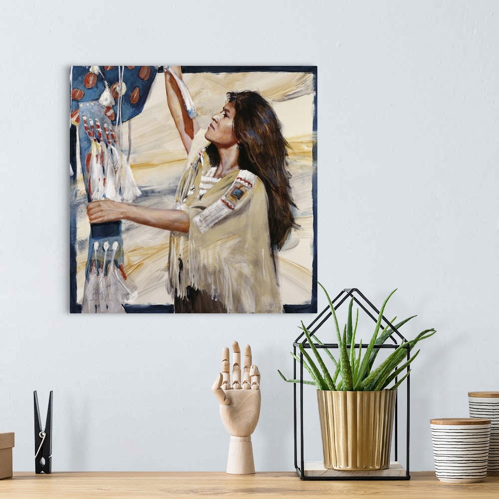 A bohemian room featuring Western themed contemporary painting of a Native American woman.