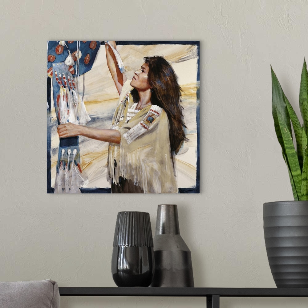 A modern room featuring Western themed contemporary painting of a Native American woman.
