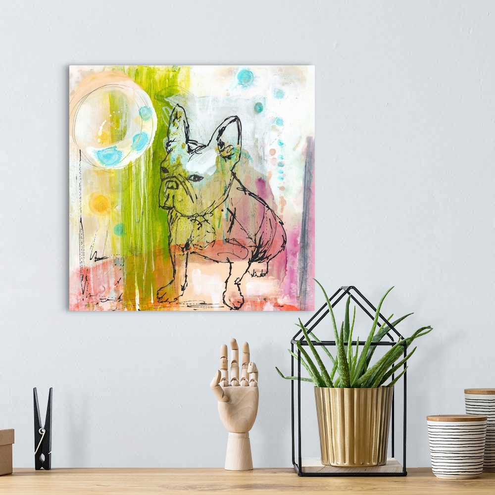 A bohemian room featuring A French Bulldog drawn on a colorful abstract background.