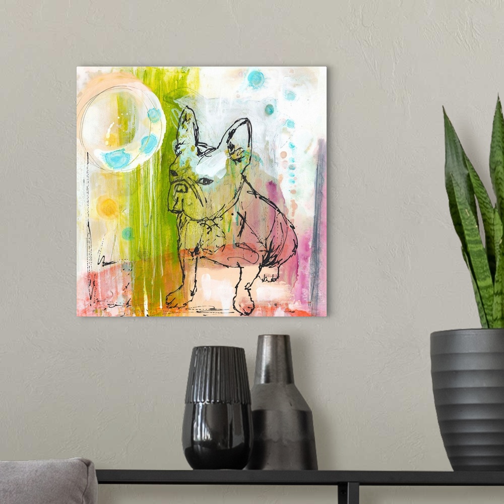 A modern room featuring A French Bulldog drawn on a colorful abstract background.