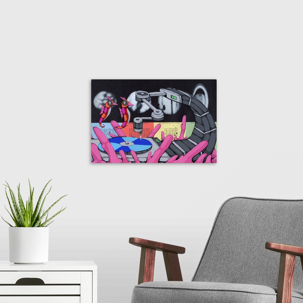 A modern room featuring Pop art painting of two seahorses floating towards a needle on a record player.