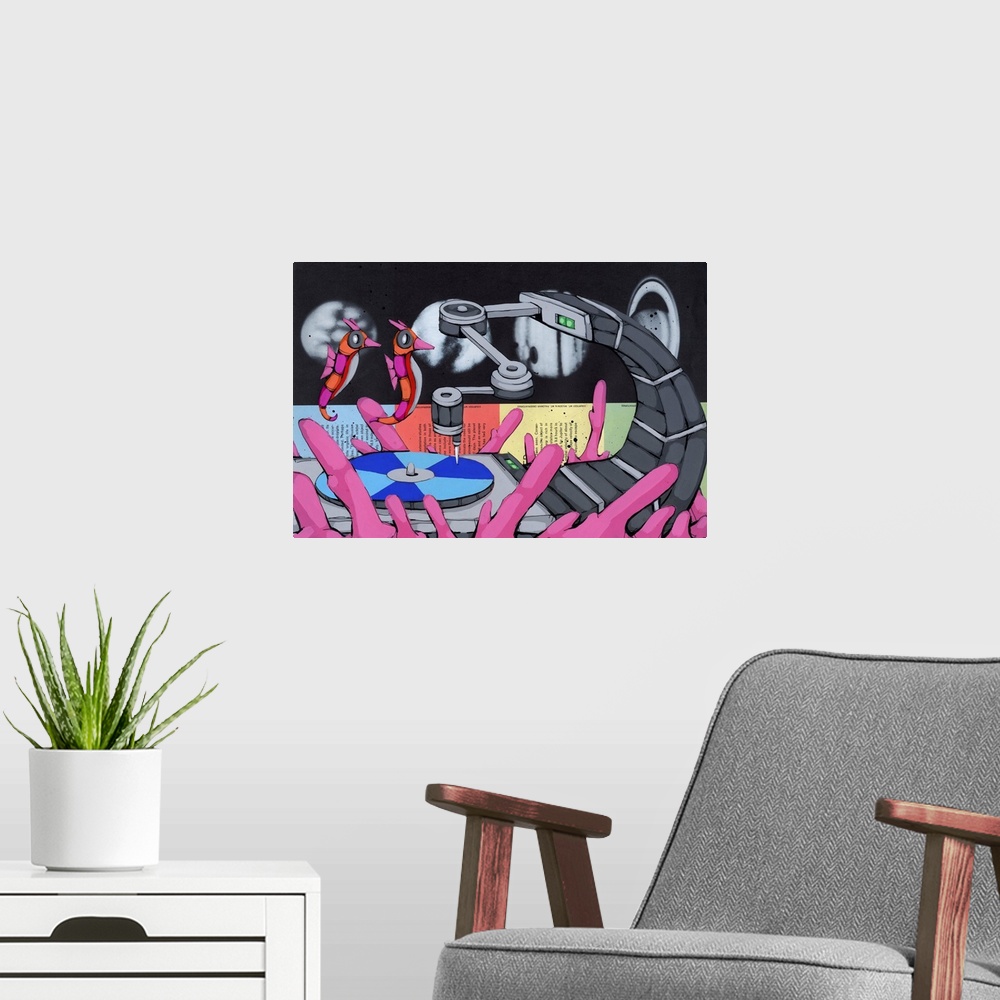 A modern room featuring Pop art painting of two seahorses floating towards a needle on a record player.