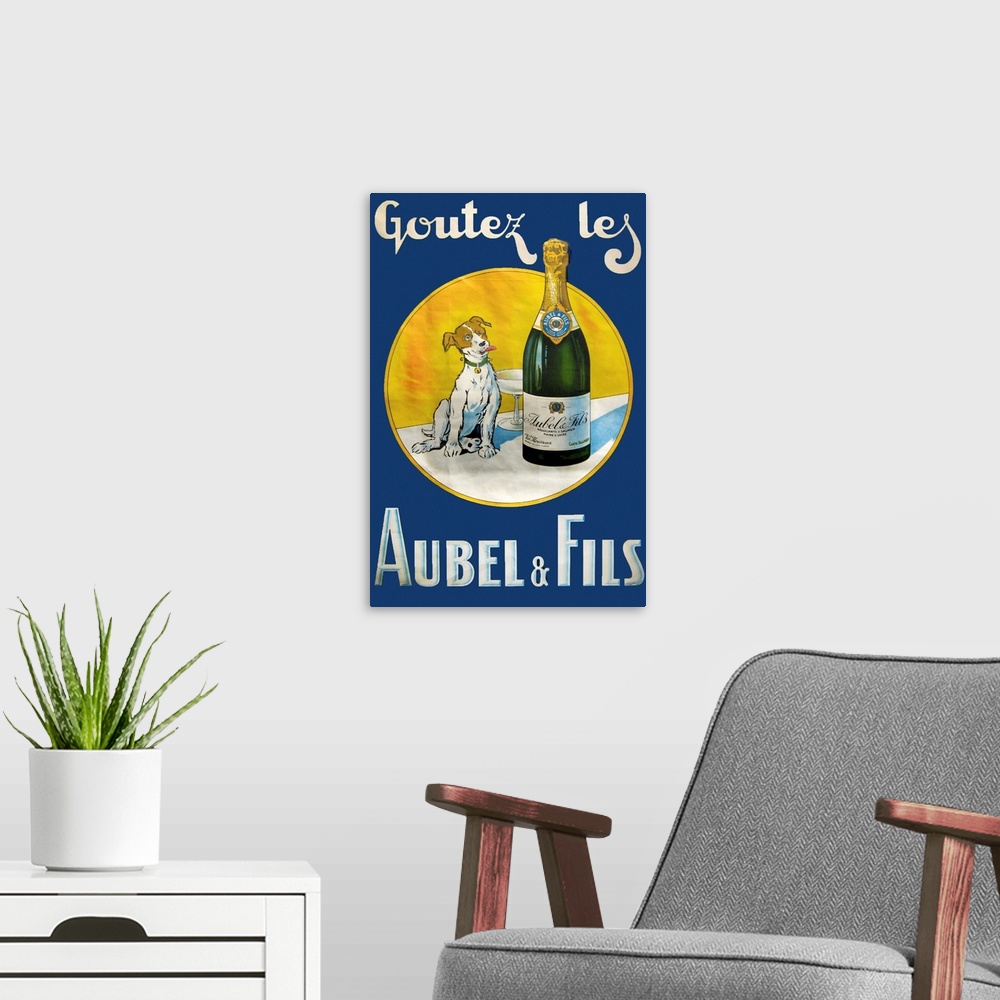 A modern room featuring Vintage poster advertisement for Aubel.