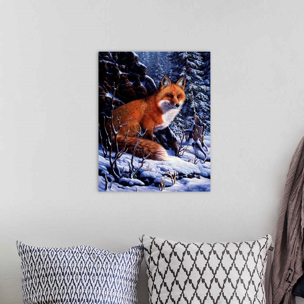 A bohemian room featuring A red fox sits quietly in the snow.