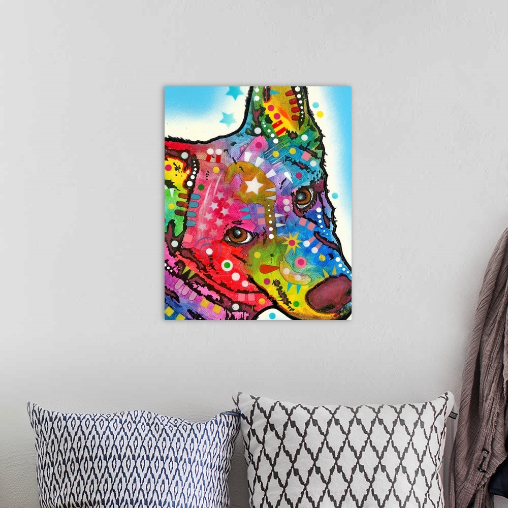 A bohemian room featuring Contemporary painting of a colorful Aussie Sheep Dog with abstract geometric markings on a blue a...