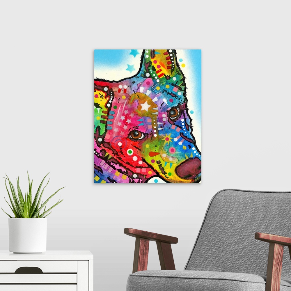 A modern room featuring Contemporary painting of a colorful Aussie Sheep Dog with abstract geometric markings on a blue a...