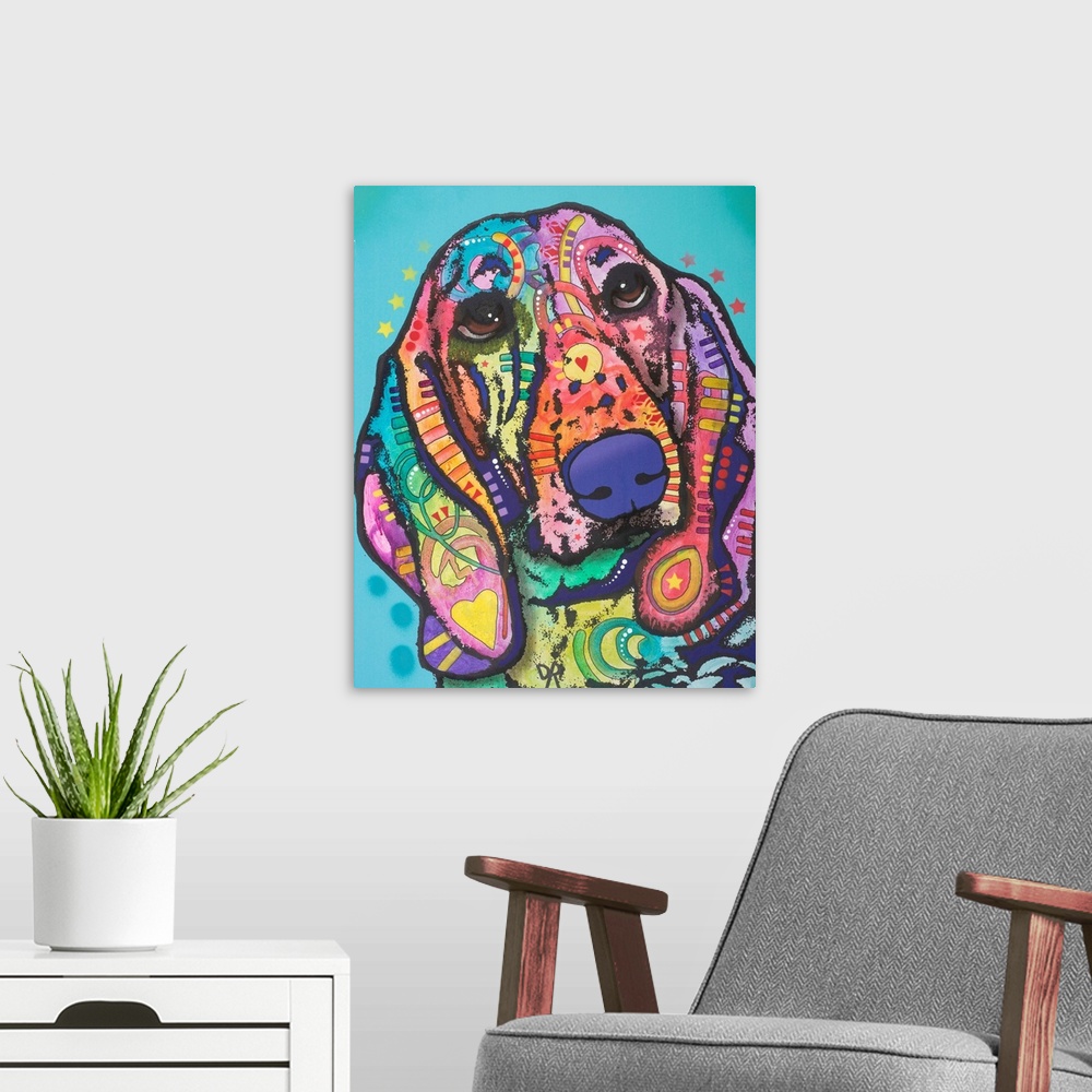 A modern room featuring Colorful artwork of a hound dog with graffiti-like designs on a light blue background.