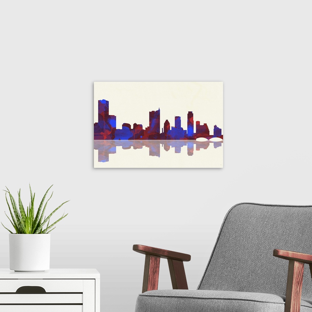 A modern room featuring Contemporary colorful city skyline casting mirror-like reflection.