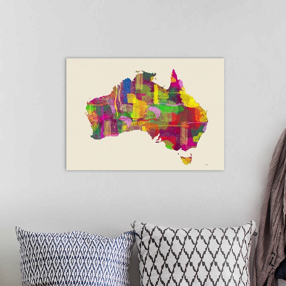 A bohemian room featuring Contemporary colorful art map of Australia against a cream background.