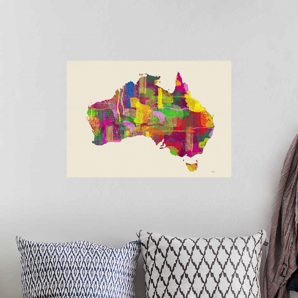 A bohemian room featuring Contemporary colorful art map of Australia against a cream background.