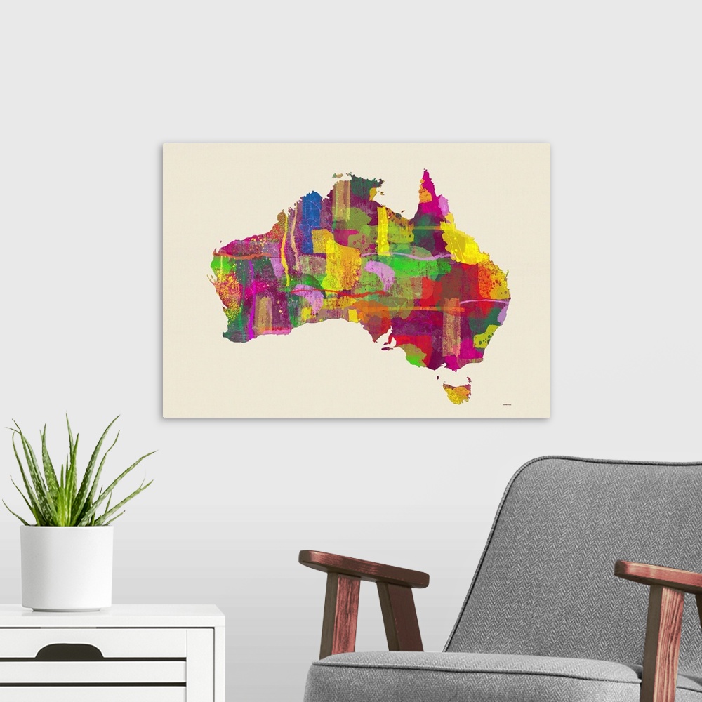 A modern room featuring Contemporary colorful art map of Australia against a cream background.